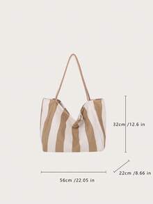 Women Striped Shoulder Bag Simple Carrying Bag Large Capacity Stylish Shoulder Purse Casual Shopping Bag Canvas Commuting Bag Summer Stripe Canvas Tote Bag Female Casual Large Capcity Handle Bag Simple Shoulder Bags Shopping Handbag Daily Totes Bag - Khaki - View 9