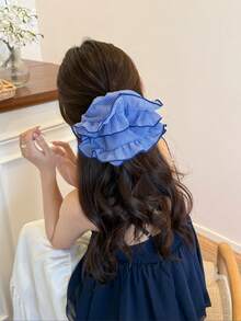 韩国蓝灰色格子网状荷叶边发圈优雅简约蓬松甜甜圈风格发圈，大号发饰，发圈，发球，休闲 - 彩色 - 查看 4