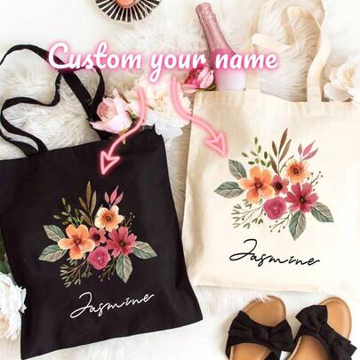 Custom Flower Name Tote Bag, Personalized Tote Bag, Bridesmaid Gifts, Bridal Party Custom Tote Bach Party Gift Customized Name Gift For Her. The Product Is A Printed Item