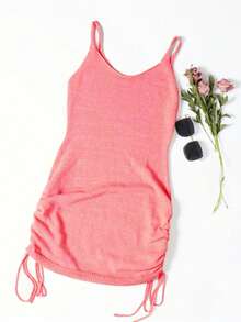 Solid Color Side Drawstring Ruched Knit Camisole Dress, Casual Summer - Pink - View 3
