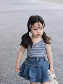 Little Girl's Denim Skirts Mini Flared Pleated Toddler Jean Skorts With Shorts Underneath - 藍色牛仔布 - 查看 7