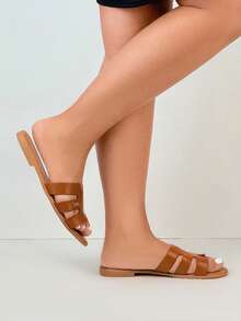 Open Toe Soft Bottom Flat Sandals, Fashion Versatile Strap Retro Beach Slippers For Vacation - Camel - View 2