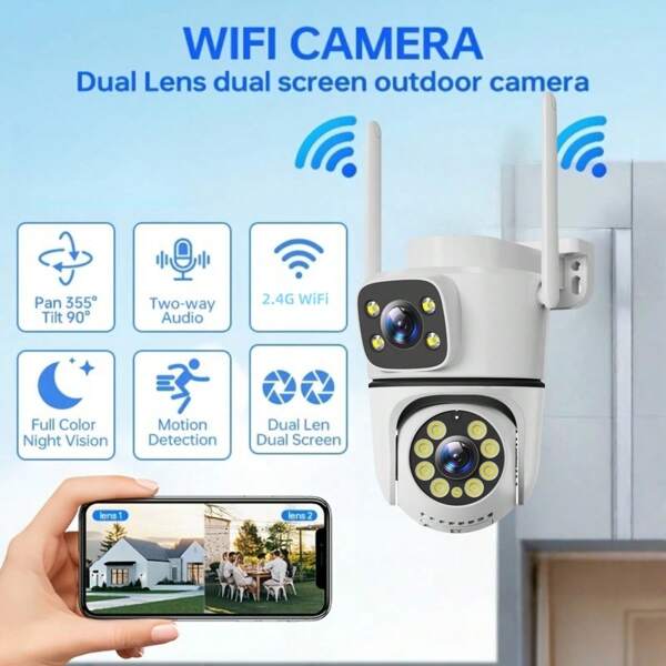 1 pieza de cámara de vigilancia inteligente de doble lente/doble monitor de 4MP (2MP + 2MP), alimentada por cable de datos USB, cámara inalámbrica WIFI de 2.4G de visión nocturna a todo color de alta definición de doble ojo, con voz bidireccional, detección de movimiento, alerta por correo electrónico, reproducción de video, visualización remota, alerta push, fácil de usar, adecuada para el hogar, la oficina, el jardín, interiores/exteriores