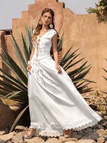 Faeriesty BohoBloom Lace Trim 2 Pieces Set: Sleeveless Cardigan Top And Flowing Midi Skirt - Essential Vacation Outfit (Beach, Garden Party, Holiday Wear) - White - View 11