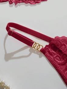 性感内衣，时尚粉色花朵蕾丝内衣套装，无罩杯文胸和内裤 - 酒紅色 - 查看 6