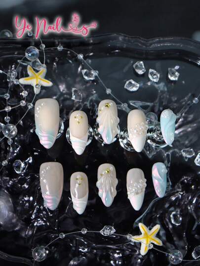 Express Your Love With 10pcs Almond Shape Handmade European Style Summer Sea Cool Shell Classic French Tips Boho Full Cover Fake Nails Kit Mermaid White Nails With Pearl & Star All-Matching Charm Japanese Style Full Cover Acrylic Vanity Press On Nails Set For Women And Girls Vanity With 1pc Mini Nail File & 1 Sheet Adhesive Tabs