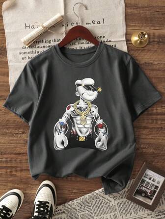 Popeye 1 件男童休闲图案印花圆领短袖 T 恤，夏季学生青年服装 - 一件引人注目的 T 恤，为每个孩子带来欢乐和幸福！