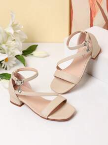 1 Pair Summer New Girls' Fashion Roman High Heel Sandals, Diagonal Strap Decor Personalized Elegant Dignified Elegant, Girls' High Heel Dance Shoes, Student Performance Daily Activity Sandals - Apricot - View 6