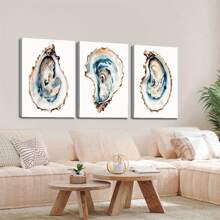 3 件套海岸牡蛎壳帆布艺术套装 - 现代水彩画，蓝色和棕色色调，适用于海滩别墅、厨房、客厅装饰 - 多功能室内/室外墙壁艺术、海洋主题装饰，无框架