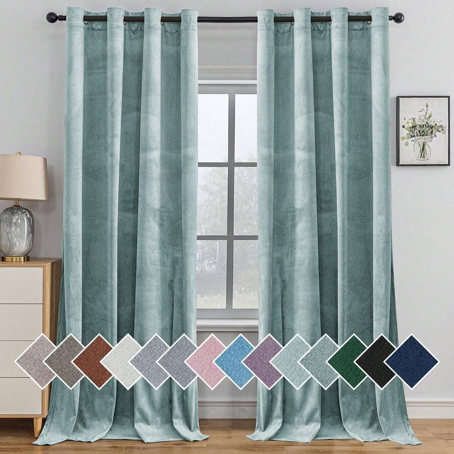 Ystyle Velvet Curtains 2 Piece Set, Opaque Curtains With Holes, Blackout Curtains, Curtains, Thermal Insulated Curtains, Living Room Blackout Curtains, Thick Curtains - Xám Xanh Lá Cây - Xem 1
