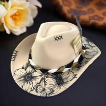 Floral Print Cowgirl Hat For Women Men Feather Belt Decor Wide Brim Felt Western Cap For Party - 米色 - 查看 6