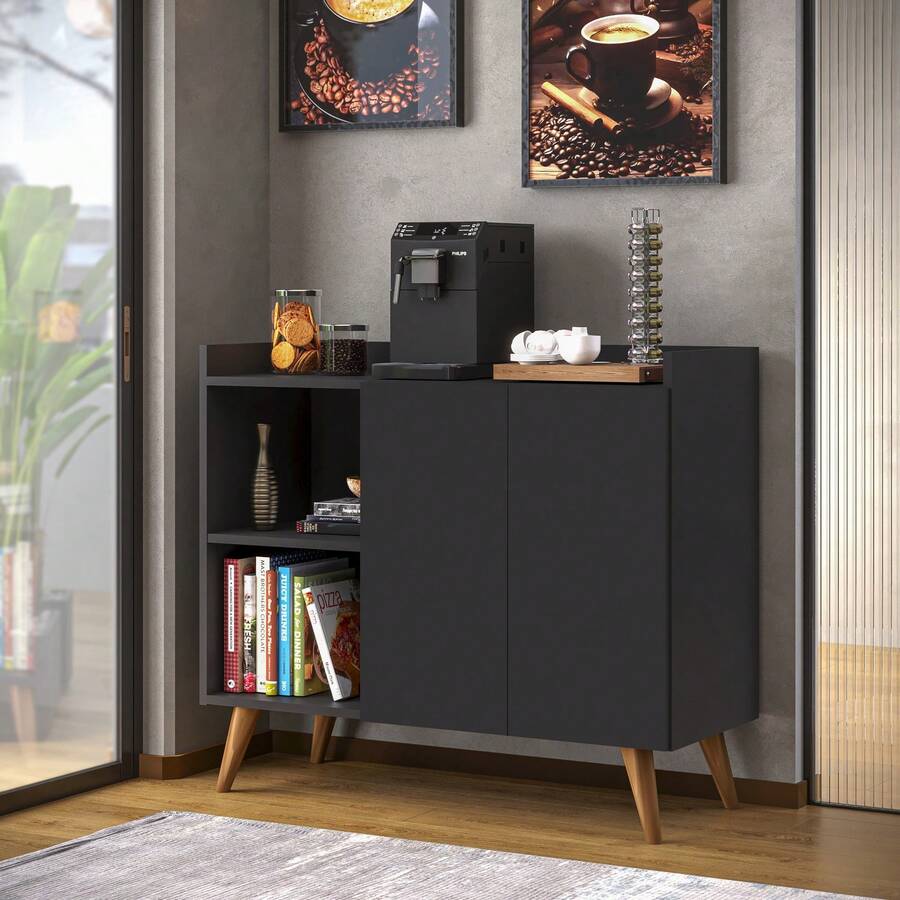 Sideboard With 2 Doors, Shelves And Solid Wood Legs – Modernist Style, Ideal For Dining Room, Kitchen Or Elegant Decor - màu đen - Xem 1