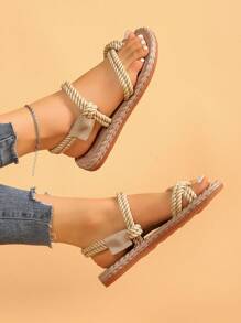 Women's Flat Sandals, Roman Style Beach Shoes, Woven Rope Fashionable Ladies Sandals