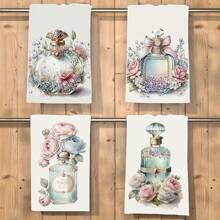 4pcs Vintage Rose & Perfume Bottle Floral Kitchen Towels, Multifunctional Absorbent Lightweight Super Soft Fiber Towels, Gift For Fragrance Lovers, Suitable For Home, Kitchen, Dinner, Wedding For Bathroom Kitchen Decor Dish Cloths Kitchen Towel - Multicolor - View 1