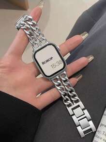 1pc Watch Band Men Women Fashion Silver Metal Double Chain Wrist Strap Compatible With Apple Watch Ultra Band 49mm 46mm 45mm 44mm 42mm 40mm 41mm 38mm New Stylish Watchband For Series 10 Series 9 8 7 Se Ultra 6 5 4 3 2 1