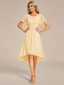 Women's Spring Elegant Ruffle Sleeve Floral Print Chiffon Yellow Bridesmaid Dress, Formal Wedding Guest Dress - Yellow - View 4