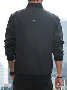 男士休闲黑色飞行员夹克，轻便拉链立领外套，春秋季时尚外套 - 黑色 - 查看 2