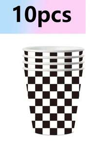 10件套赛车主题黑白格纹派对纸盘套装，一次性生日纸盘、纸杯、纸巾，生日派对用品，露营，茶话会，宴会，婚礼用品 - 彩色 - 查看 4