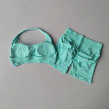 Halter Neck Beautiful Back High Waist Peach Sports Bras Shorts Suit Pilates Yoga Vest Training Fitness Bra Sets - XunPurple - 查看 11