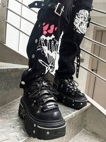 Fashion Women's Flat Platform Ankle Boots Black Round Toe High Heel Sneakers Thick Soft Sole Bottom Booties Lace-Up Metal Decor Halloween Y2K Style Sports Shoes - 黑色 - 查看 1