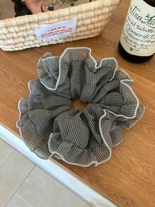 韩国蓝灰色格子网状荷叶边发圈优雅简约蓬松甜甜圈风格发圈，大号发饰，发圈，发球，休闲 - 彩色 - 查看 9