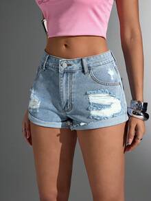Jeanoix 破洞卷边斜口袋休闲牛仔短裤 - 中等水洗藍 - 查看 3