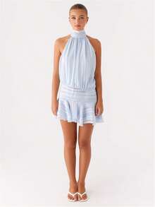 Women's Pleated Waist Sheer Mesh Ruffle Mini Dress Summer Casual Halter Neck High Neck Bodycon Short Dress Self-Tie Backless Sundress Party Clubwear - 藍色 - 查看 5