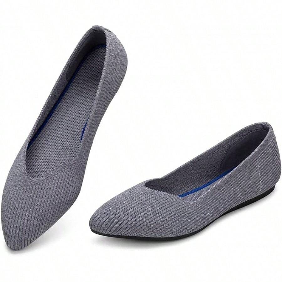 Womens Flat Shoes Classic Pointed Toe Flats Knitted Dress Shoes Soft Comfortable Dressy Flats Women - 灰色條紋 - 查看 1