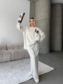 Button Detailed Skirt Set, Solid Color Casual Split Ribbed Button Co-Ord Set For Home Wear - White - View 2