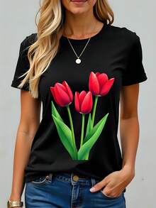 Camiseta negra de mujer con estampado de tulipanes rojos, 180g, algodón suave, cuello redondo, manga corta, perfecta para primavera y verano, estilo casual y moderno, diseño floral, comodidad y frescura, ideal para combinar con jeans o faldas. - Negro - Ver 1