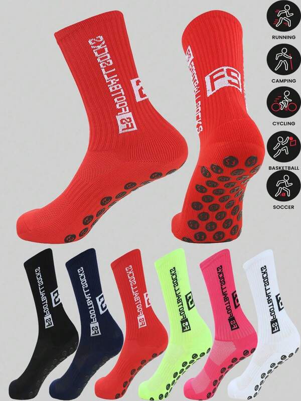1 Pair Men's Football Dot Grip Anti-Slip Breathable Simple Fashion Professional Sports Mid-Calf Socks, Suitable For Running, Cycling, Soccer