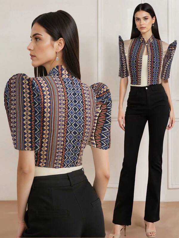 Amyenjoylife Modern Filipiniana Ladies' Spring/Summer Printed Elegant Standing Sleeve Bubble Sleeve Standing Collar Button Open Top Bolero Filipiniana For Women