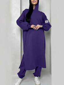 从春季到夏季，这款女士连帽针织套装优雅百搭，休闲运动风两件套春季穿搭，嘉年华长款卫衣简约套装，袖子印花，后背贴片装饰。 - 紫色 - 查看 4
