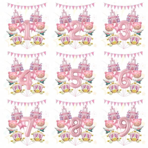Castelo de Princesa, Carro de Princesa, Balão de Alumínio de Fada Alada, Combinado com Bandeirolas de Pentágono e Triângulo Rosa, Inclui Números de Balão de Folha Rosa 1-9, Adequado para Festa de Aniversário, Chá de Bebê, Decoração de Aniversário