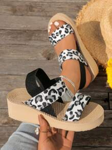 Plus Size 2025 Summer New Wish Fashion Cross-Border Chunky Heel Buckle Sandals, Leopard Print Platform Slide Sandals