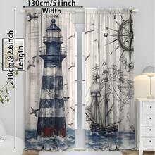 A Pair Of Antique Marine Theme Translucent Curtain Panels-2pcs Marine Sailboat, Seagull, Lighthouse And Compass Printed On Wood Grain Background-Rod Pocket Hanging-Transparent Polyester Curtain For Living Room, Bedroom, Kitchen-Machine Washable