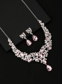 Set de 2 piezas de joyería con collar y aretes, accesorios de boda y fiesta de lujo exagerados con perlas y cristales para mujeres