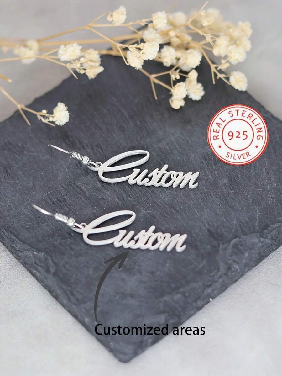 Unique Customizable Handwriting Style Jewelry, 925 Sterling Silver Personalized Name Earrings, Elegant And Fashionable Gifts, Suitable For Women, Everyday Occasions And Gift-Giving Occasions, All Seasons - Silver - View 1