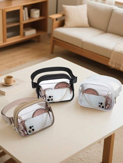 TINYAT Bolso de cintura transparente para mujer estilo Y2K con cadena ajustable, bolso de pecho de PVC para damas, accesorio retro de uso urbano para celular, llaves, conciertos, viajes y días festivos