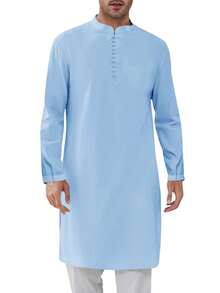 Runcati Men's Cotton Linen Henley Button Down Thobe Long Sleeve Casual Muslim Kaftan Gown - 藍色 - 查看 4