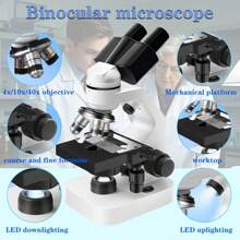 Microscopio compuesto binocular con 4 objetivos, aumento de 40X a 2500X, actualizado con luces LED superior e inferior, incluye oculares y accesorios de observación, microscopio de sobremesa con armazón de metal para experimentos científicos