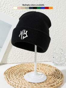 1 件男女通用刺绣“NY”字母户外徒步街头休闲亚克力无檐便帽，纯色，针织帽，秋冬秋季服装 - C - 查看 10