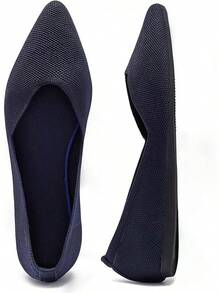 Womens Flat Shoes Classic Pointed Toe Flats Knitted Dress Shoes Soft Comfortable Dressy Flats Women - 6042海軍 - 查看 2