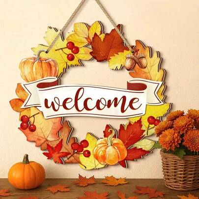 1pc Autumn Thanksgiving Autumn Harvest Pumpkin Maple Leaf Wreath Retro Wooden Welcome Sign Suitable For Autumn Farmhouse, Home Wall Hanging Decoration