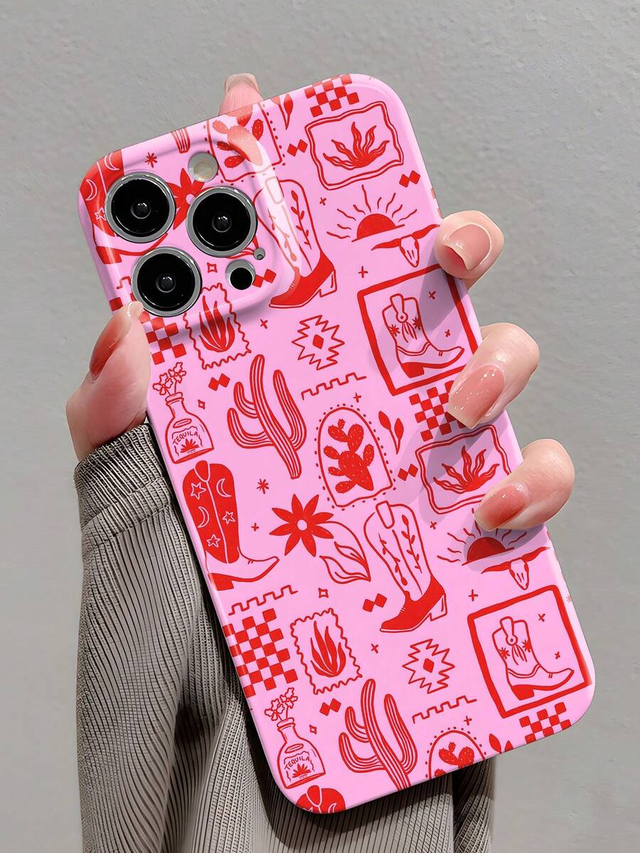 1pc Western Cowboy Cowgirl Boot Cactus, Tequila Bottle, Flower Pattern Perforated Glossy Faux Leather Full Cover Hard Case Compatible With IPhone 11/12/13/14/15/16 Pro Max Waterproof Shockproof Anti-Fall Scratch Resistant - Multicolor - View 1