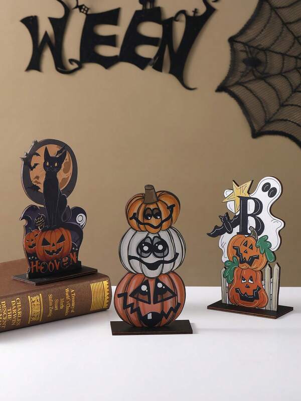 1pc Cute Halloween Indoor/Outdoor Decor - Black Cat, Pumpkin, Bat, Ghost Decorations, Halloween Craft Figurines, Wooden Halloween Signs For Desk, Tabletop, Shelves, Mantle - Spooky Halloween Decorations, Day Of The Dead Decor