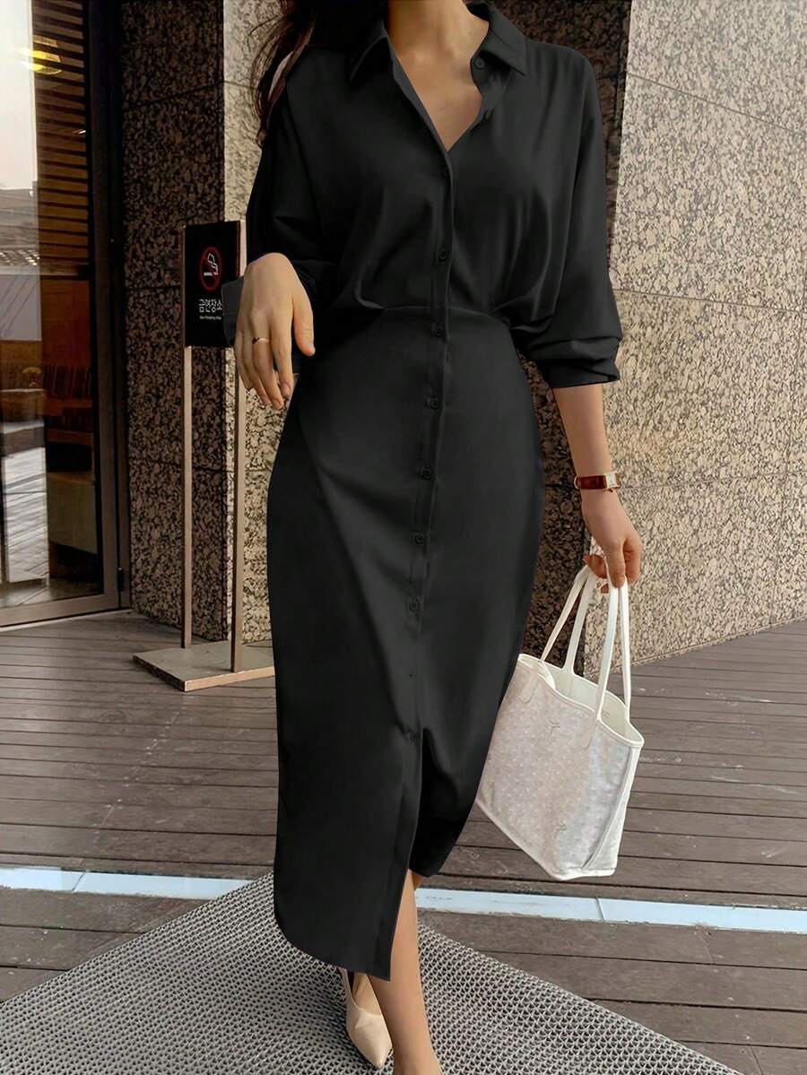Women's Shirt Dress, French Elegant Style With Waist Tie, Loose Top And Slim Fit Bottom, Mid Length Lapel Shirt Dress. Suitable For Daily Wear, Travel, Brunch, Tea Party, Commute, Airport, Spring/Summer And Spring/Autumn - Black - View 1