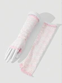 1对女士玫瑰花网纱袖套，适合节日穿着，秋季女装，情人节配饰 - 粉色 - 查看 1