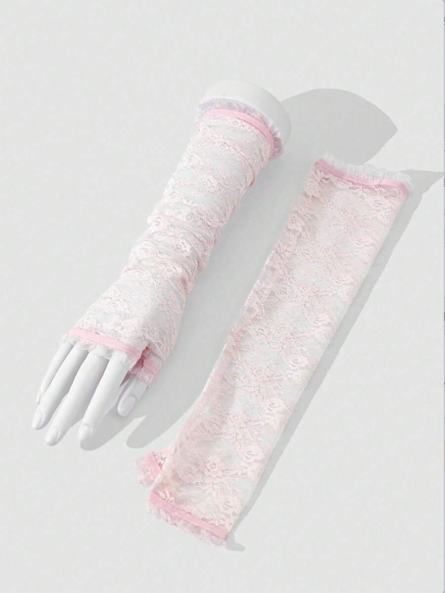 1对女士玫瑰花网纱袖套，适合节日穿着，秋季女装，情人节配饰 - 粉色 - 查看 1