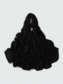 1条女士纯色褶皱休闲围巾，弹力透气针织小长围巾，可作头巾、披肩，保暖防晒，适合搭配连衣裙